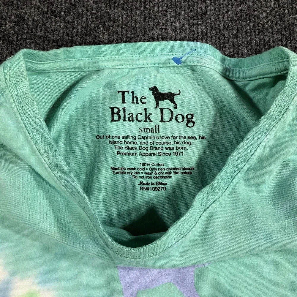The Black Dog Womens Small Tie Dye T Shirt Green Purple 100% Cotton Logo Tee
